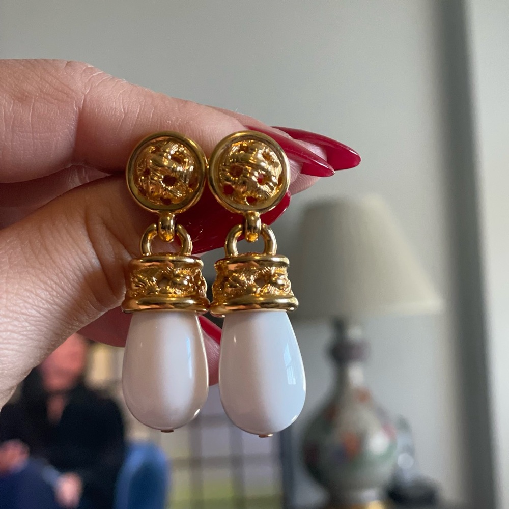Monet Gold and White Drop Earrings